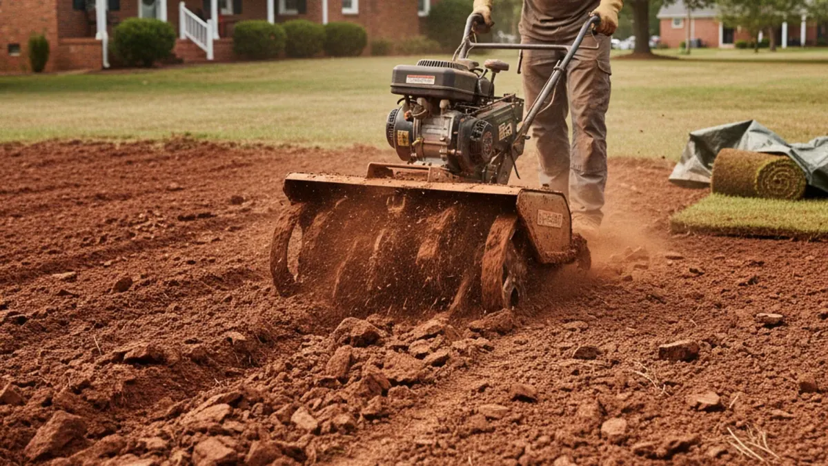 Red clay soil preparation before sod installation Richmond Kentucky Madison County compacted subgrade loosening tall fescue