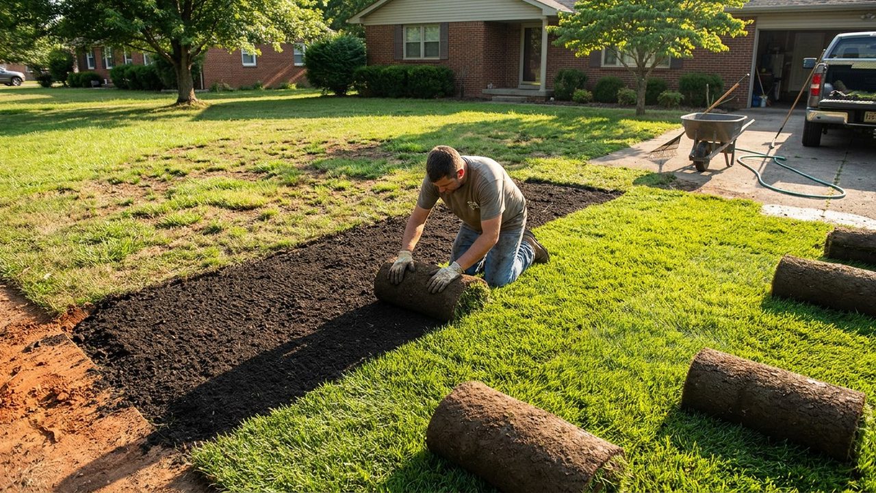 Sod installation in progress in Richmond Kentucky Madison County red clay soil preparation tall fescue transition zone