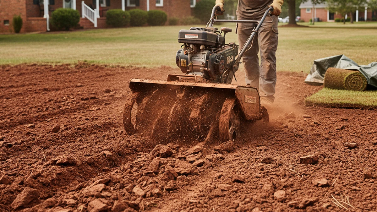 Red clay soil preparation before sod installation Richmond Kentucky Madison County compacted subgrade loosening tall fescue