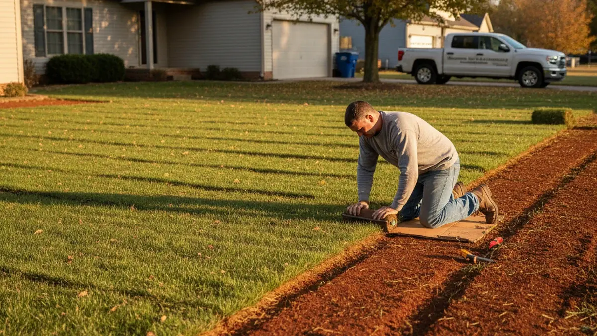 Sod installation in progress Richmond Kentucky Madison County tall fescue staggered rows clay soil residential Tyler