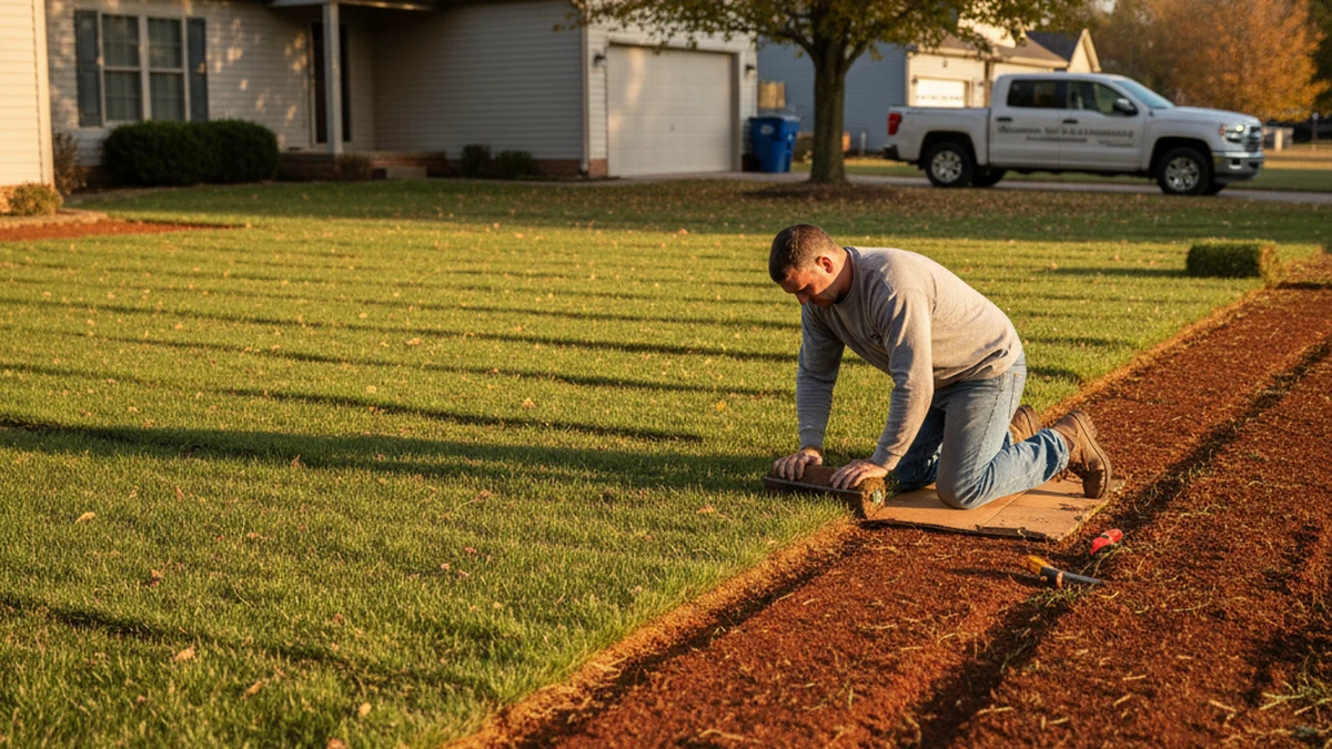 Sod installation in progress Richmond Kentucky Madison County tall fescue staggered rows clay soil residential Tyler