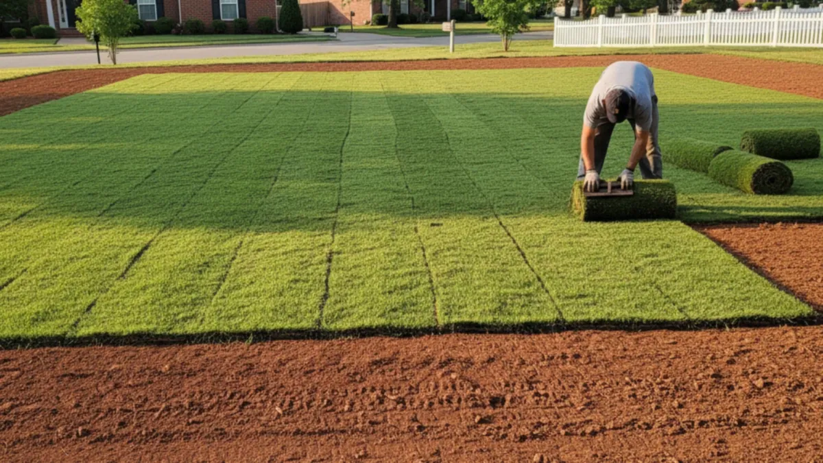 Tall fescue sod rolls being laid Richmond Kentucky Madison County transition zone staggered seams clay soil