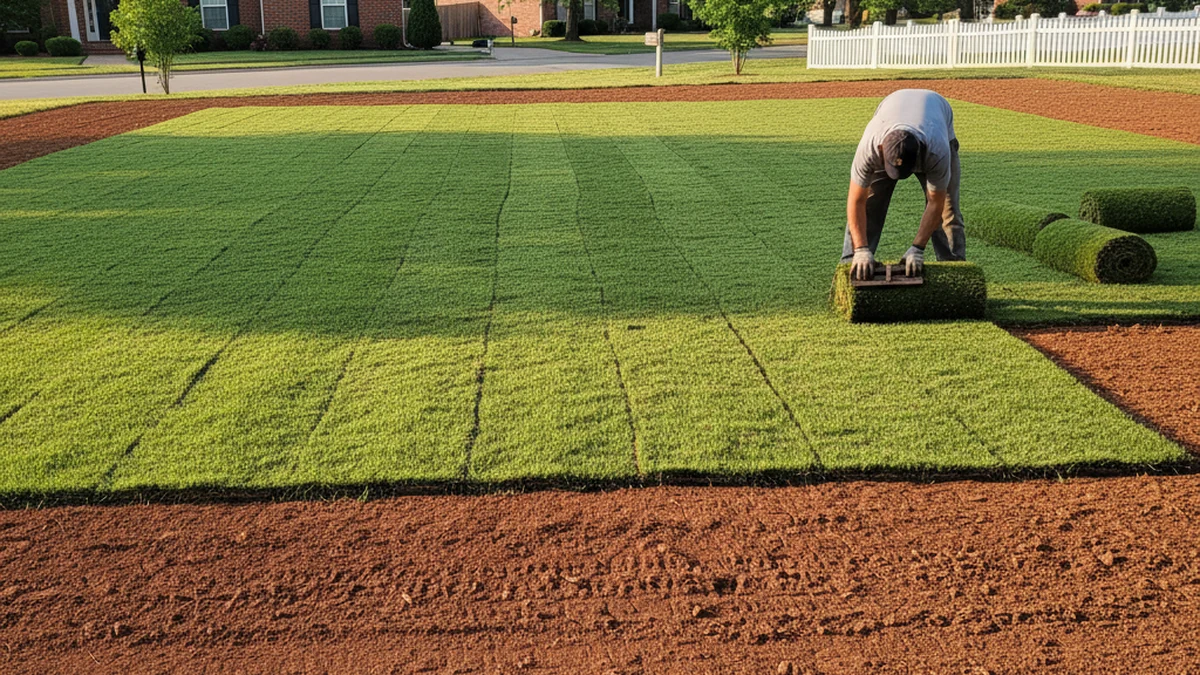 Tall fescue sod rolls being laid Richmond Kentucky Madison County transition zone staggered seams clay soil