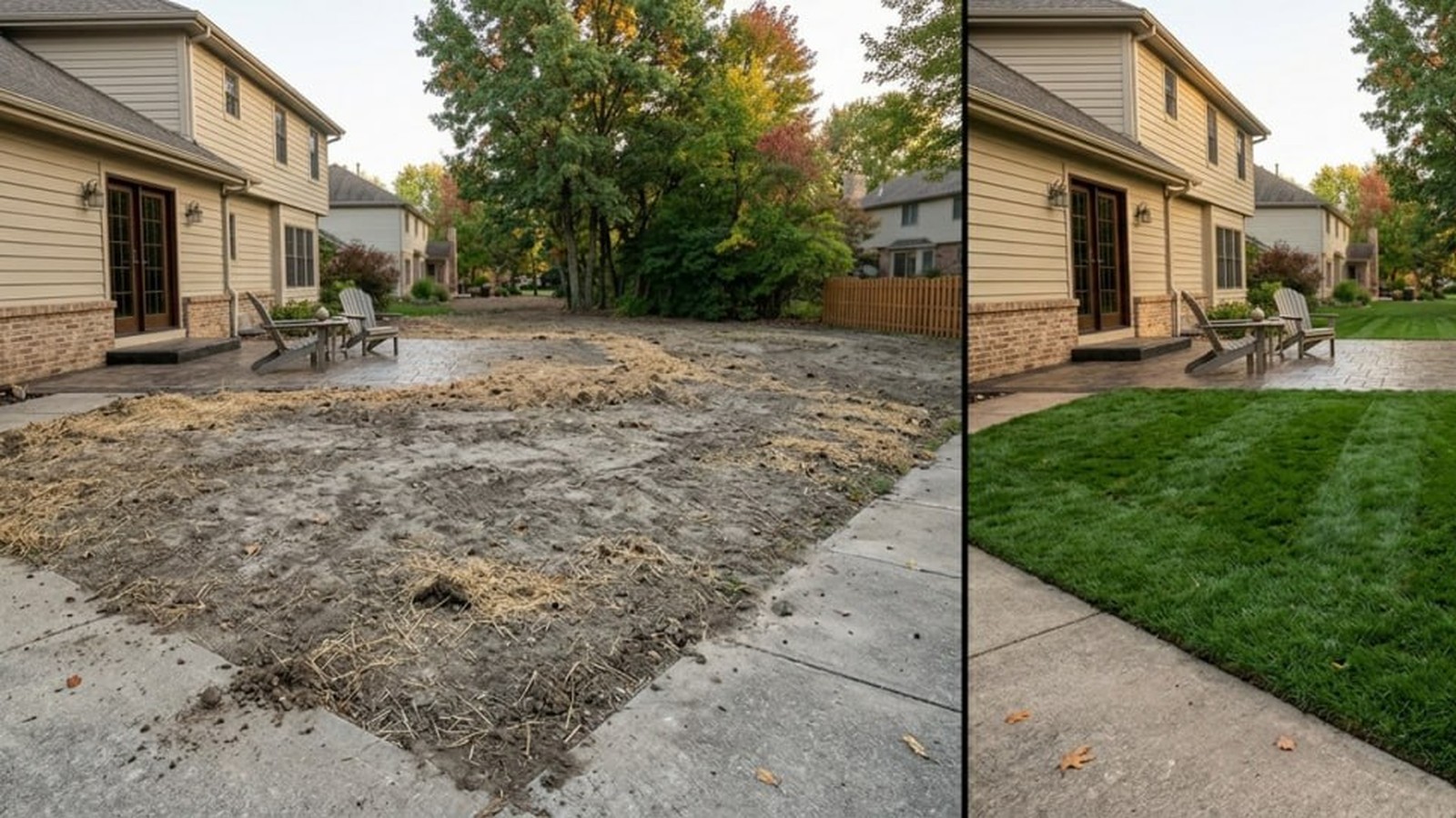 Before and after sod installation at a suburban backyard in Richmond Kentucky